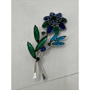 Vintage Blue Green Flower Brooch On Silver-tone Prong Set 3.25"